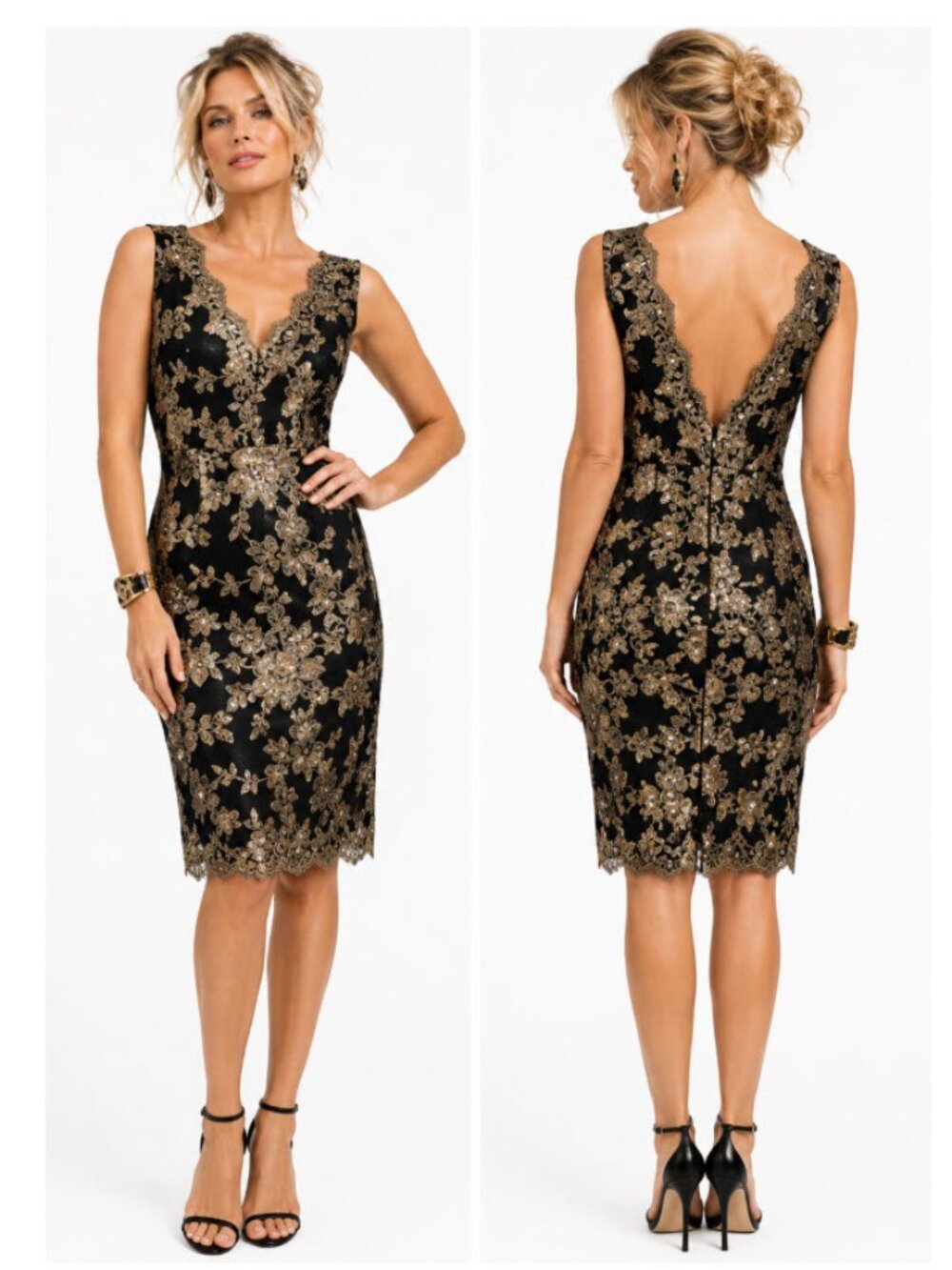 Tadashi Shoji Gold Embroidered Sheath Cocktail Dress Black Size 10